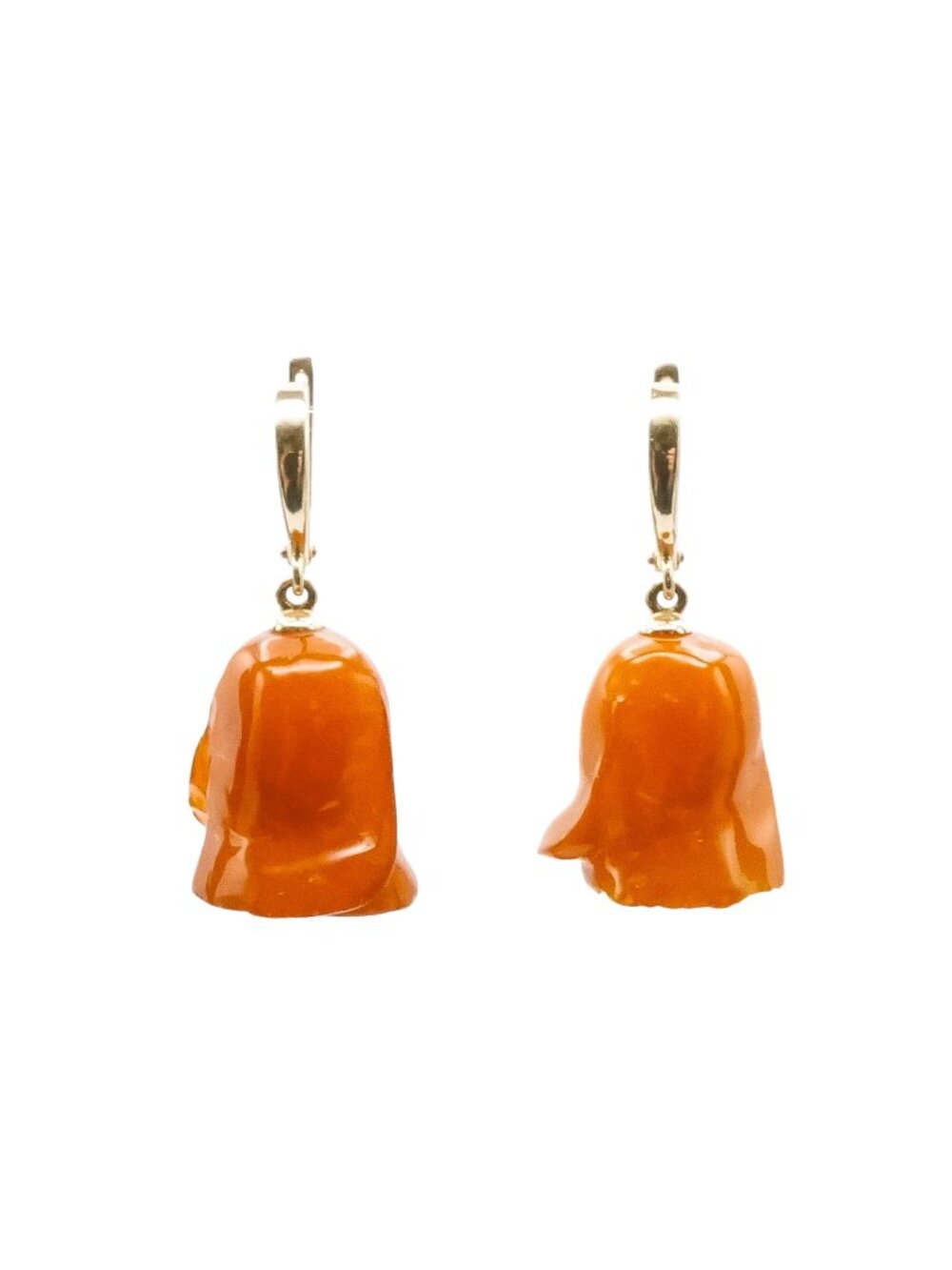 14K Yellow Gold Carved Baltic Amber Rose Dangle Earrings, Eastern European